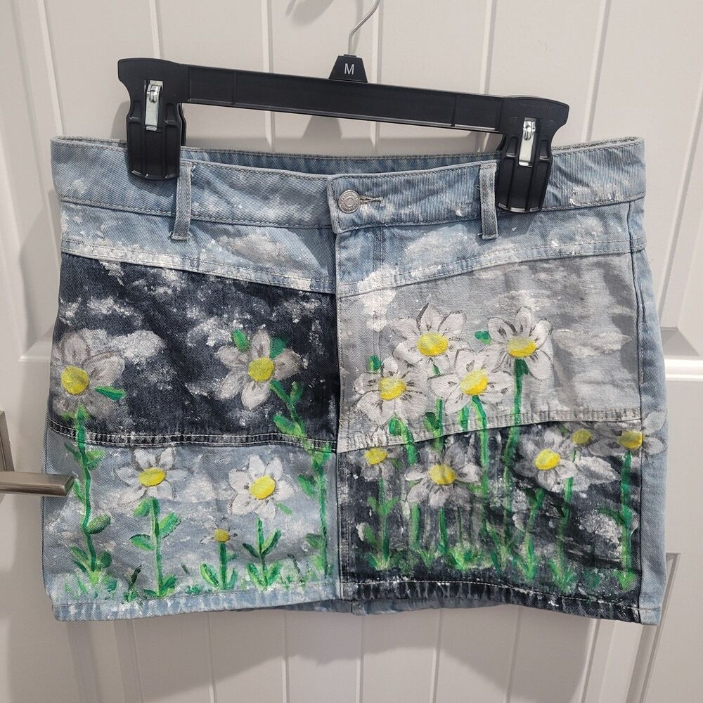 Hand Painted Denim Mini Skirt size 12 Daisy Field patchwork One of a Kind Rare